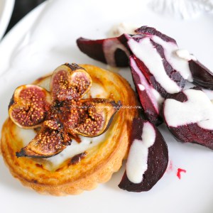 hot goat cheese tart with roasted honey figs and a beetroot walnut salad with goat cheese dressing